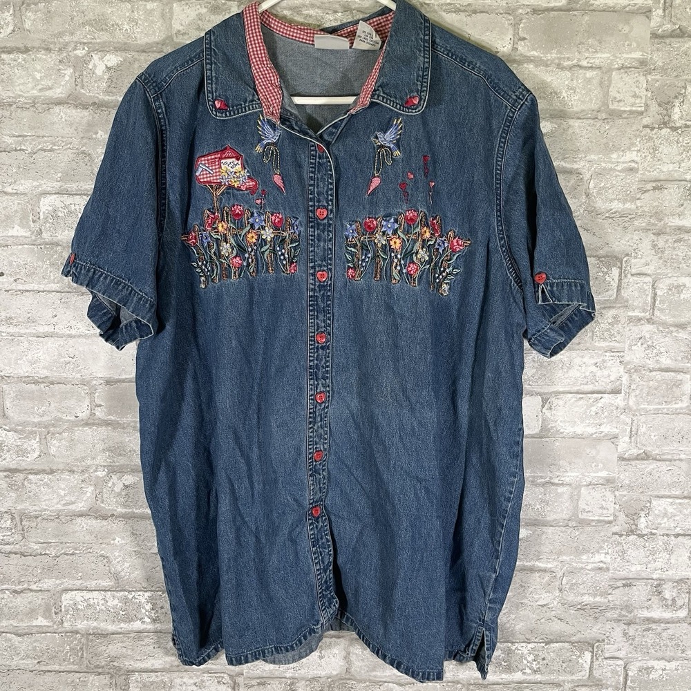 Vintage Embroidered Floral Denim Shirt  Grammacore Heart Buttons Size 22W /24W